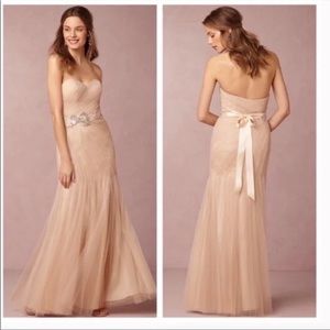 Watters & Watters Blush mermaid pleated belted 73281 allover lace mesh gown